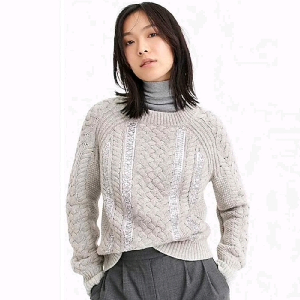 J.Crew Cable-Knit Sequin Sweater Gray Crew Neck Style K4664 Women's Size SMALL